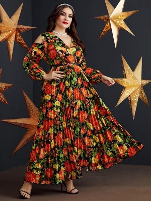 SheIn Плиссированное платье с поясом с цветочным принтом с открытыми плечами Plus Size