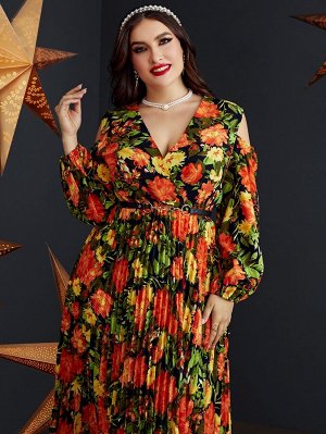 SheIn Плиссированное платье с поясом с цветочным принтом с открытыми плечами Plus Size