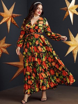 Плиссированное платье с поясом с цветочным принтом с открытыми плечами Plus Size