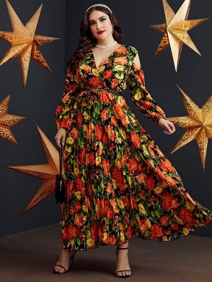 SheIn Плиссированное платье с поясом с цветочным принтом с открытыми плечами Plus Size