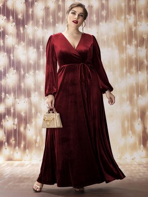 SheIn Plus Size Платье с v-образным вырезом с рукавами-фонариками с поясом из бархата