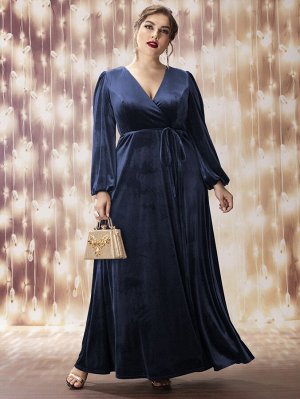 Plus Size Платье с v-образным вырезом с рукавами-фонариками с поясом из бархата