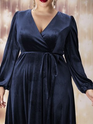 SheIn Plus Size Платье с v-образным вырезом с рукавами-фонариками с поясом из бархата