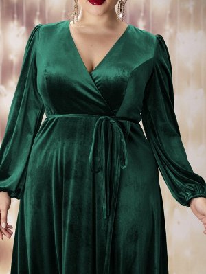 Plus Size Платье с v-образным вырезом с рукавами-фонариками с поясом из бархата