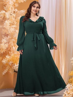 Plus Size Платье с оборкой с рукавами-воланами с поясом из шифона