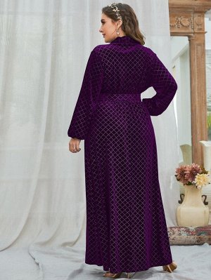 Plus Size Платье с воротником-шалькой в клетку с поясом из бархата