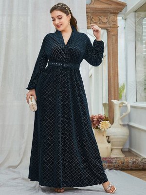 Plus Size Платье с воротником-шалькой в клетку с поясом из бархата