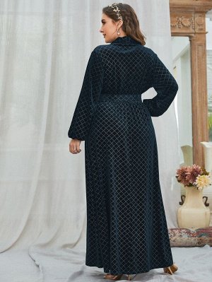 Plus Size Платье с воротником-шалькой в клетку с поясом из бархата