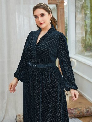 Plus Size Платье с воротником-шалькой в клетку с поясом из бархата