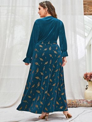 Plus Size Платье с принтом листьев с v-образным вырезом с рукавами-воланами из бархата