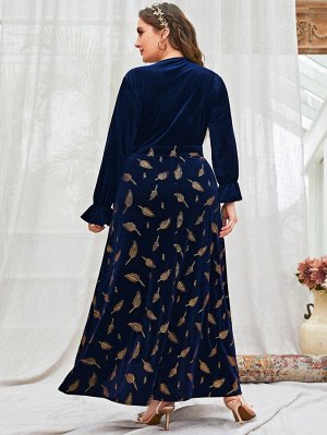 Plus Size Платье с принтом листьев с v-образным вырезом с рукавами-воланами из бархата
