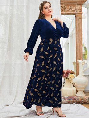 SheIn Plus Size Платье с принтом листьев с v-образным вырезом с рукавами-воланами из бархата