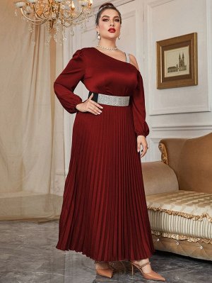 Plus Size Платье с поясом с асимметричным воротником плиссированное