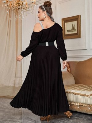 Plus Size Платье с поясом с асимметричным воротником плиссированное