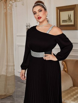 Plus Size Платье с поясом с асимметричным воротником плиссированное