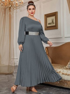 Plus Size Платье с поясом с асимметричным воротником плиссированное