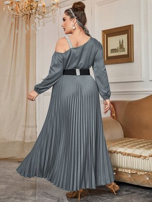 Plus Size Платье с поясом с асимметричным воротником плиссированное