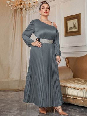 Plus Size Платье с поясом с асимметричным воротником плиссированное