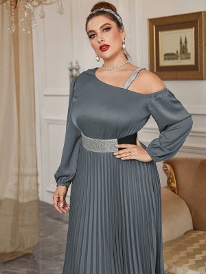 Plus Size Платье с поясом с асимметричным воротником плиссированное