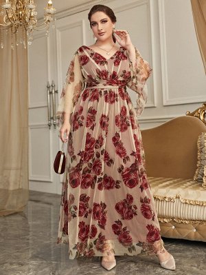 Plus Size Платье с цветочным принтом сетчатый