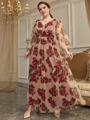 Plus Size Платье с цветочным принтом сетчатый