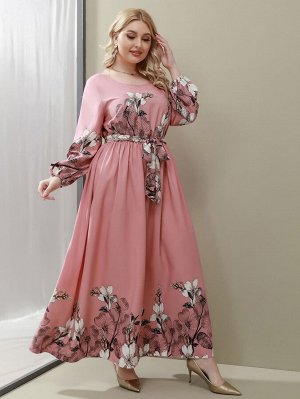 Plus Size Платье с поясом со случайным цветочным принтом с принтом