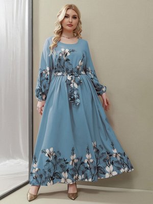 Plus Size Платье с поясом со случайным цветочным принтом с принтом