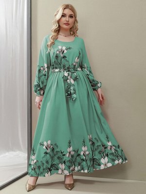 SheIn Plus Size Платье с поясом со случайным цветочным принтом с принтом