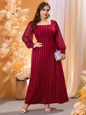 SheIn Plus Size Платье в горошек с золотым принтом с квадратным воротником с рукавами-фонариками