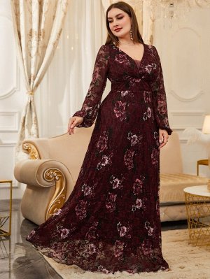 Plus Size Платье макси с сетчатой вставкой кружевной