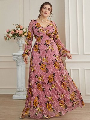 Plus Size Платье макси с сетчатой вставкой кружевной