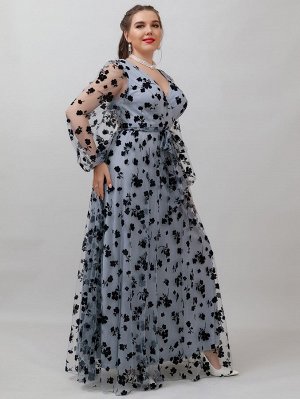 Plus Size Платье макси контрастный с цветочным рисунком сетчатый с поясом