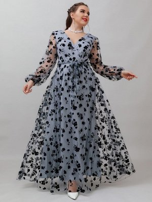 Plus Size Платье макси контрастный с цветочным рисунком сетчатый с поясом