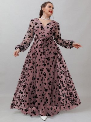 Plus Size Платье макси контрастный с цветочным рисунком сетчатый с поясом