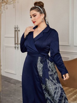 Plus Size Платье с запахом с принтом пейсли с лацканами с узлом Плиссированный