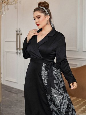 Plus Size Платье с запахом с принтом пейсли с лацканами с узлом плиссированный