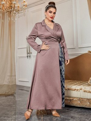 Plus Size Платье с запахом с принтом пейсли с лацканами с узлом плиссированный