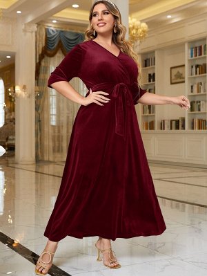 Plus Size Платье с поясом из бархата