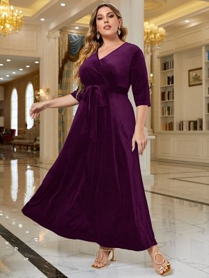 Plus Size Платье с поясом из бархата