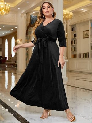 Plus Size Платье с поясом из бархата