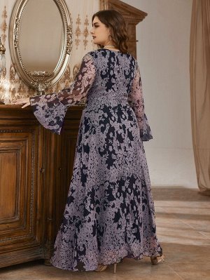 Plus Size Вечернее платье с цветочным принтом с рукавами-воланами сетчатый