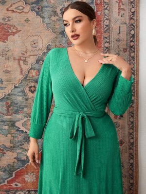 Plus Size Платье с поясом с рукавом "епископ"