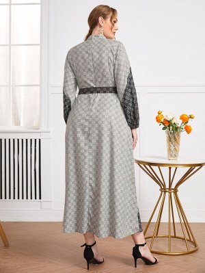Plus Size Платье с поясом с принтом дамаска контрастный с рукавами-фонариками с воротником-стойкой