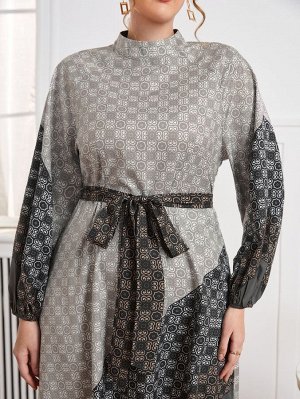 Plus Size Платье с поясом с принтом дамаска контрастный с рукавами-фонариками с воротником-стойкой