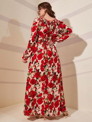 Plus Size Платье А-силуэта с цветочным принтом с рукавами-воланами