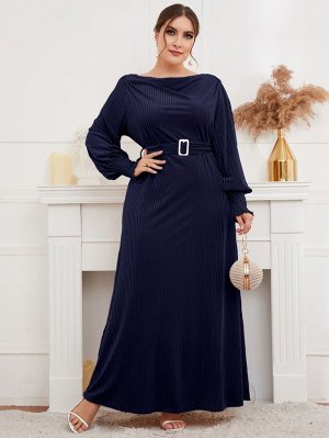 Plus Size Платье с рукавами-фонариками с поясом из бархата