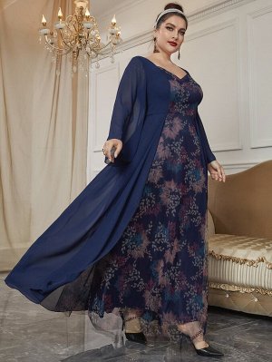 Plus Size Платье с принтом растений с глубоким декольте сетчатая вставка