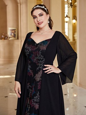 Plus Size Платье с принтом растений с глубоким декольте сетчатый