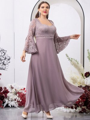 Plus Size Платье с кружевной отделкой с глубоким декольте с рукавами-воланами из шифона