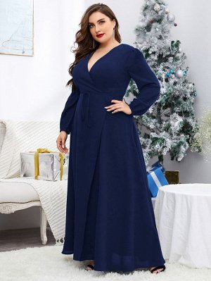 Платье Plus Size с поясом и пышным рукавом